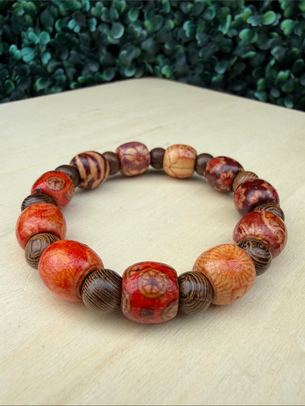 Hand Crafted Red & Brown Beaded Wooden Bracelet